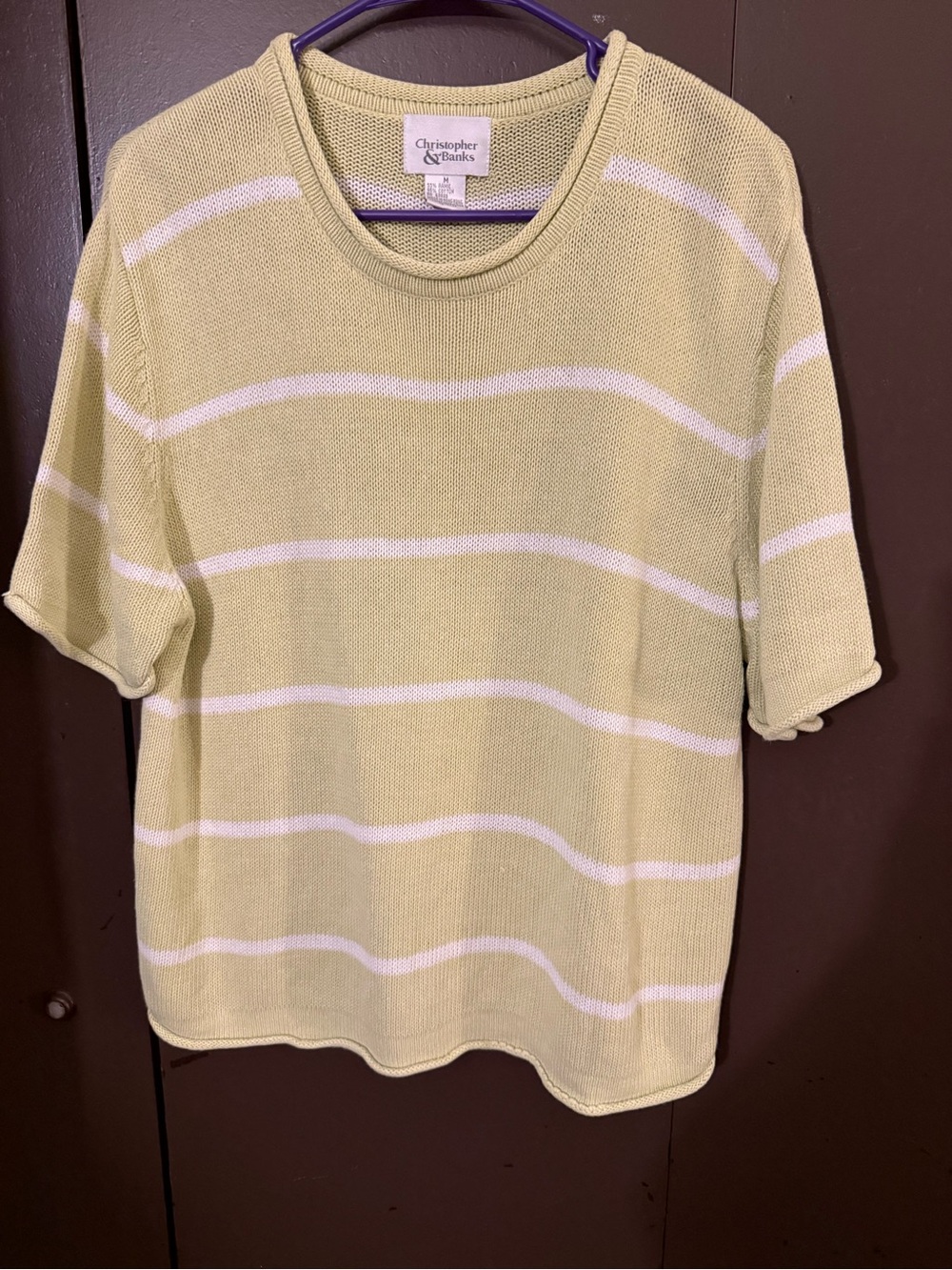Christopher & Banks Light Green and White Striped Short Sleeve Knit Top